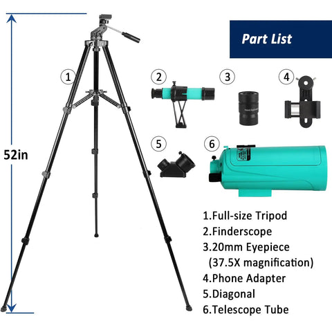 Beginner Friendly Compact Travel Telescope With Adjustable Tripod Finderscope And Phone Adapter 750x60mm kit components