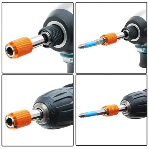 Two Pack Magnetic Quick Change Bit Holders With A Quarter Inch Hex Shank Drill Bit Extensions, Auto Locking Magnetic Eject System