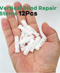 Vertical Blinds Repair Kit 64 Piece Set Featuring 40 Tabs 12 Stems And 12 Gear Combs Fits 3 Or 5 Inch Vanes Carrier Tracks Smooth Headrail Swap No Sweat Handy Fix. 12 white repair stems in hand.