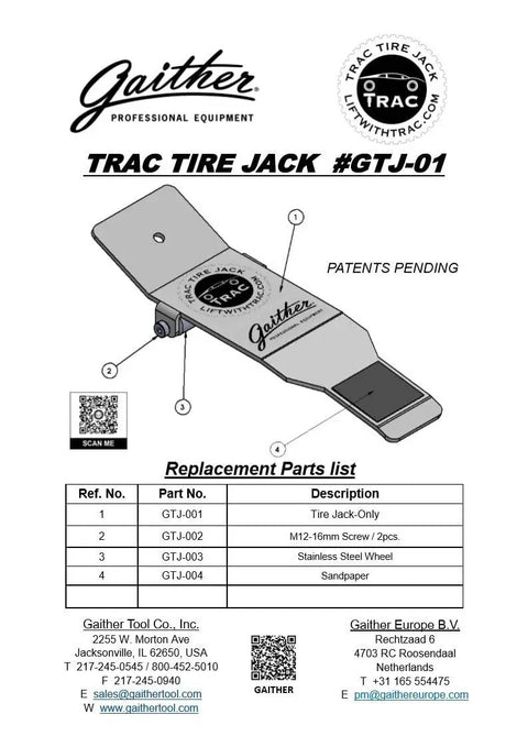 Rock Solid Heavy Duty Welded Steel Tire Jack #GTJ-01 diagram with parts list for auto service efficiency.