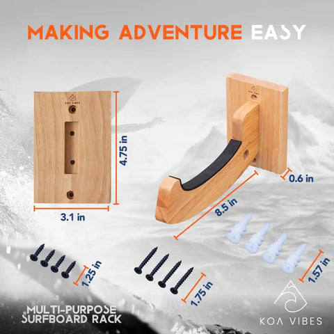 Premium Solid Oak Wood Surfboard Wall Mount Rack With Extra Accessory Hook, 8.5 in length, includes screws for installation.
