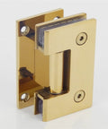 Straight Up Heavy Duty 90 Degree Glass Door Hinges Stainless Steel 304 Matte Black Wall Mount Frameless Shower Door Hardware No Sweat Double Action Top Shelf Picks in gold finish.