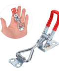 8 Pack Adjustable Pull Latch Kit For Boxes Cabinets And Doors with red handle and zinc plated steel visible on hand and zoomed view.