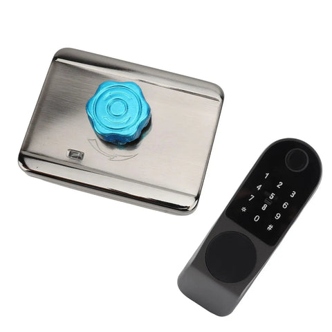 Rock Hard Aluminum Alloy Smart Deadbolt Featuring Rapid Fingerprint Reader Dual Key Cards App Management And Quick Password Code on a surface with a key card reader.