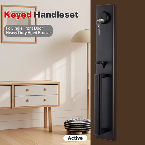 Oil Rubbed Bronze Front Door Handleset With Knob And Reversible Entrance Handle For Right Or Left Handed Doors Single Cylinder Deadbolt Movable Hole Position To Fit US Standard Doors Easy Install shown against room background