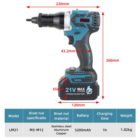 A Straight Up Badass Cordless Electric Rivet Nut Gun Set Built With Automatic M3 To M12 Ram Head Specs, showcasing dimensions and specs.