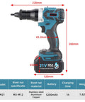 High Octane Cordless Electric Rivet Gun Kit Auto Rivets M3 To M12 Punches with battery, dimensions, and materials for precise work.