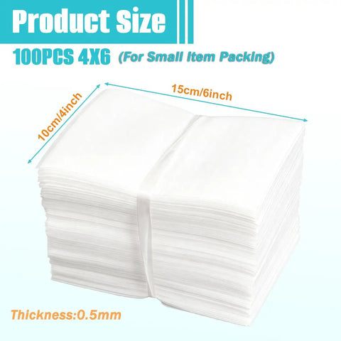 Premium Rated 100 Piece White Foam Pouches Plus Heavy Duty Cushion Wrap Sheets For Stress Free Moving And Hassle Free Shipping Built Solid Elastic Padding To Keep Gear Secure And Ready, stack of 100 pouches measuring 10x15 cm.