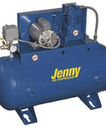 Top Shelf 80 Gallon Single Stage Air Compressor With Belt Driven Cast Iron J Pump 5 HP 230 Volt Electric 1 Phase Horizontal Stationary Tough Shop Ready Workhorse - blue tank with motor and pump.