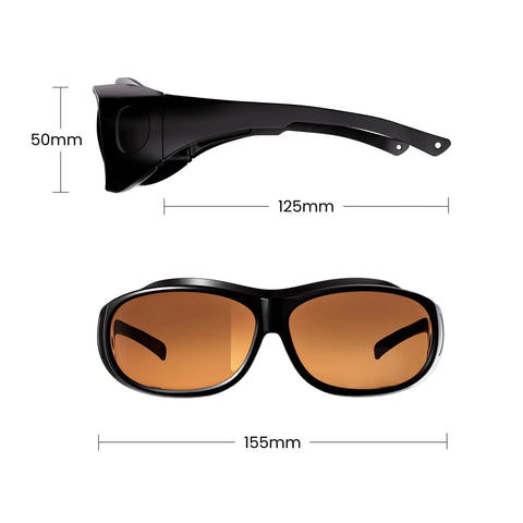 Heavy Duty OD5 Blue Laser Filter Safety Glasses For Precision 3D Scanning With Sick Eye Protection And Crystal Clear Ultraviolet Shielding For Hobbyists, side and front view with size dimensions.