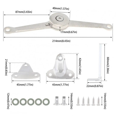 Soft Close Kitchen Support Hinge For Cabinets And Wardrobes With Drop Lids No Sweat No Fuss Heavy Duty Cupboard Door Stop Easy Install For Furniture Quiet Smooth Closing Durable Metal Construction Perfect For Shelves And Cabinets with dimensions and installation components.