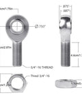 Premium 3/4 Inch Heim Joint Rod Ends 2 Pack with precise measurements and 3/4-16 threads for hot rod suspension.