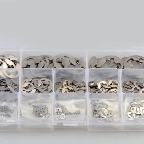 Stainless Steel E Shaped Retaining Ring Set Dope 400-Piece Shaft Clip Kit M1.5 To M15 in transparent organizer