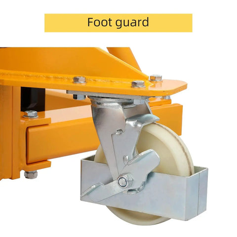 Foot guard and smooth roller on Shop Floor Ready Manual Pallet Stacker Built Like A Legit Workhorse To Move 1100 Pound Loads Up To Sixty Three Inches High.