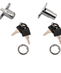 Premium Heavy Duty Two Pack Push Plunger Lock With Unique Keys For Cabinet Wardrobe And Storage Zinc Alloy Chrome Coating Locks view with keys and rings.