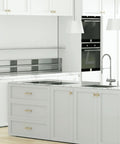 Modern kitchen featuring Heavy Duty Square Cabinet Knobs 6 Pack Sporting Slick Brushed Brass Finish on drawers.