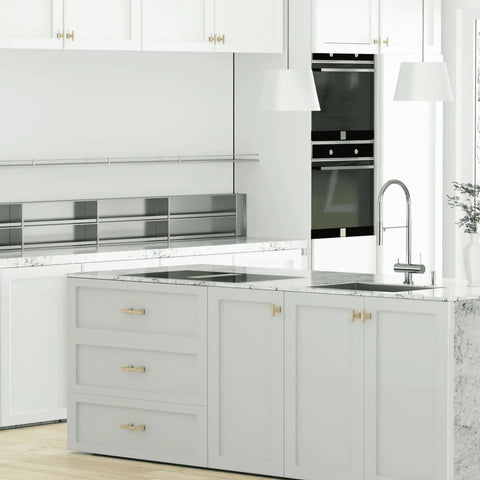 Modern kitchen featuring Heavy Duty Square Cabinet Knobs 6 Pack Sporting Slick Brushed Brass Finish on drawers.