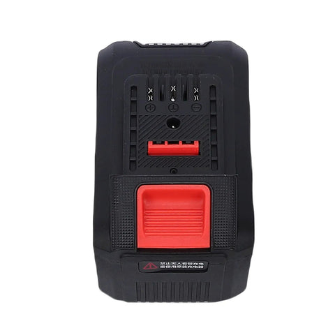 Back view of Heavy Duty 21V Cordless Angle Grinder battery pack with red power button and indicator lights.