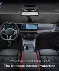 Interior view of a car with Heavy Duty Foldable Windshield Sun Shade Deflects Blazing Summer Heat And Keeps Your Ride Cool While Blocking Uv Rays So You Stay Comfy On Long Highway Drives Without Breaking A Sweat.