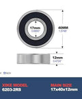 (10 Pack) 6203-2RS Double Sealed Deep Groove Ball Bearings, 17x40x12mm, Pre-Lubricated for High RPM, Chrome Steel P6, ABEC 3, size diagram