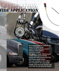 6 Ft Vernier Adjustable Locking Throttle Cable For PTO And Dump Applications With Stainless Core shown next to truck engines