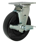 Close-up of a 6" polyolefin swivel caster with brake from the Toolbox Caster Kit - 6" Polyolefin Casters for Job Boxes - 2,800 Lbs.