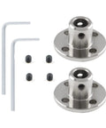 Two-Pack 6mm bore flange shaft couplings with 10mm OD and 22mm base for RC motors, shown with screws and wrench for installation