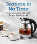 Electric Kettle With Temperature Control And Removable Infuser, Glass 1.8L, displayed on a countertop with tea setup.
