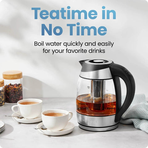 Electric Kettle With Temperature Control And Removable Infuser, Glass 1.8L, displayed on a countertop with tea setup.