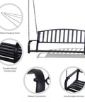 Two Person Front Porch Swing Bench For Outdoor Chill Sessions, Heavy Duty Steel Swing Chair With Solid Chains, Seats Two Adults, 528 Lb Weight Capacity, Black Finish For Backyard, Deck, Or Patio Hangouts showing details of chains and armrest.