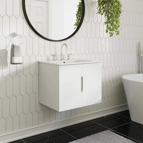 24 Inch White Bathroom Vanity Cabinet Sink Not Included Modern MDF Melamine Finish Built Tough For Everyday Use