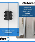 Before and after image showcasing Slick Matte Black Self Closing Screen Door Hinge Set With Heavy Duty Spring Loaded Build for patio doors.