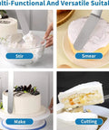 All In One Cake Decorating Starter Kit With Non Slip Turntable Leveler And 82 Piece Baking Gear Including Piping Tips Icing Bags Spatulas Scrapers Fondant Tools For Cupcakes And Cookies in use for stirring, smearing, making, and cutting cakes.