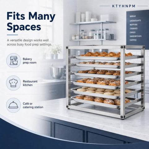 Heavy Duty Six Tier Stainless Steel Bakery Rack Holds Half Sheet Pans, showcasing baked goods on countertop with versatile design.