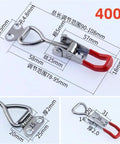 10 Piece Quick Release Toggle Clamp Set With Adjustable Anti Slip Push Pull Latch in detail with measurements and red handle.
