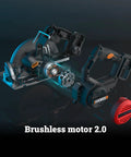 Detailed view of the brushless motor in a Heavy Duty Cordless Circular Saw Brings Knockout Forty Volt Power.