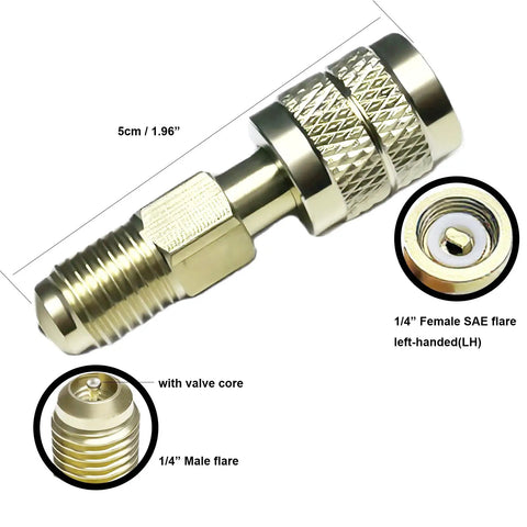 Top Shelf 1/4 Inch Sae Brass Refrigerant Adapter For R32 And R454B Gas Cylinders showing a detailed view of the coupler with valve core.
