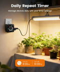 Slick Mechanical Timer With Two Grounded Outlets For Indoor Use And 24 Hour Daily Cycles managing a grow lamp near potted plants.
