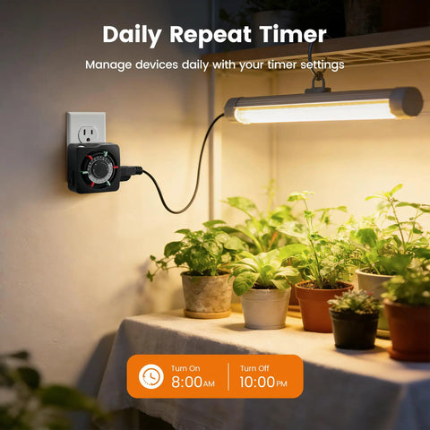 Slick Mechanical Timer With Two Grounded Outlets For Indoor Use And 24 Hour Daily Cycles managing a grow lamp near potted plants.