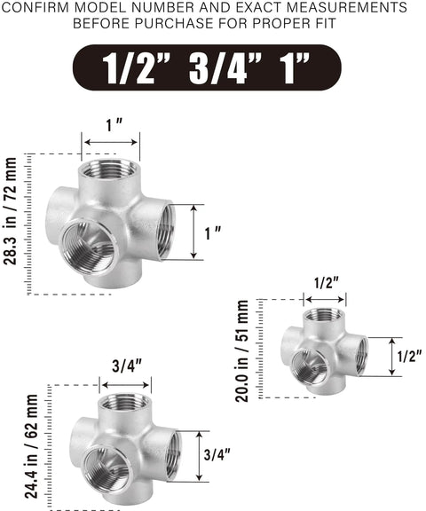 Dimensions of 304 Stainless Steel 5-Way Cross Pipe Fitting NPT Female Threads Industrial Grade 1 Inch Heavy-Duty Multi-Port Connector
