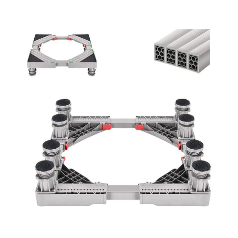 Heavy Duty Adjustable Appliance Base Platform With Slick Glide Rollers For Fridges Washers Dryers Smoked Grey eight piece kit aspect view.