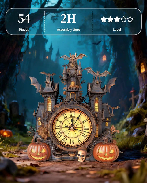 Halloween Castle 3D Puzzle Clock Kit For Adults With Pendulum DIY Wooden Clock Puzzle For Home Decor Gothic Cottage Vibe Bat Silhouettes Pumpkin Lamps Roman Numeral Dial