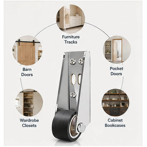Heavy Duty Vertical Track Roller Wheel Pair Built Tough For Heavy Sliding Doors With Anti Sag Load Bearing Design Snug Under Door Mount shown for furniture tracks.