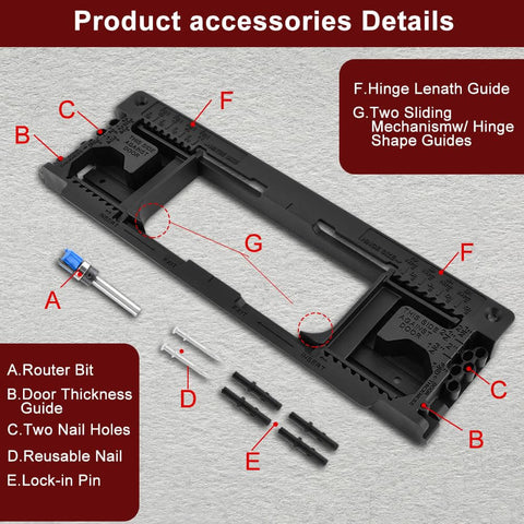Door Hinge Mortiser Kit With Router Template for DIY use, pro-grade jig with router bit, lock-in pin, and thickness guide