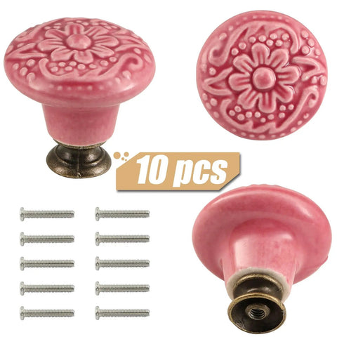 Rose Red Ceramic Flower Cabinet Knobs 10 Pack With Screws Embossed Floral Drawer Handles Kitchen Cupboard Hardware, set of 10 with screws.