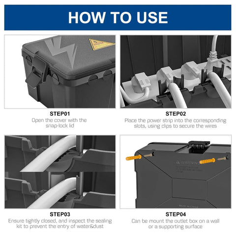 Heavy Duty Outdoor Electrical Junction Box With IP54 Waterproof Shield And Bully Tight Cord Locks For Reliable Extension Cover shown in use steps.
