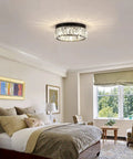 Semi Flush Mount Crystal Ceiling Light With Open Bottom Design, installed in modern bedroom, black finish, round chandelier