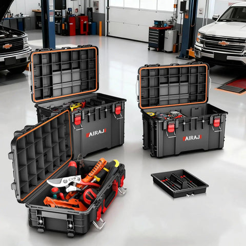 Heavy Duty 3 Tier Rolling Tool Box With Wheels, All Terrain Waterproof Storage System in a garage setting, showing open and stacked configuration