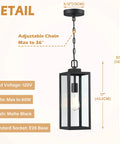 Outdoor Pendant Light Matte Black Adjustable Exterior Hanging Porch Lighting Waterproof Ceiling Mount Lamp With Clear Glass Shade For Front Porch And Entryway ETL Listed, detail view showing dimensions