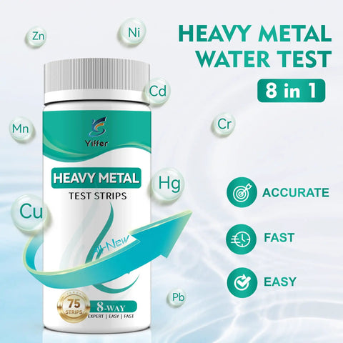 Straight To The Point Heavy Metal Water Test Strips For Kitchen Faucet And Well Checks in 75 count packaging with design details.